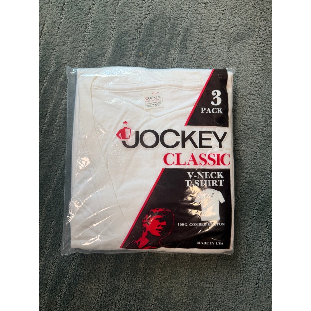 Vintage 1987 Jockey Classic 3 Pack V-Neck T-Shirt White‎ Large Made in USA 9714